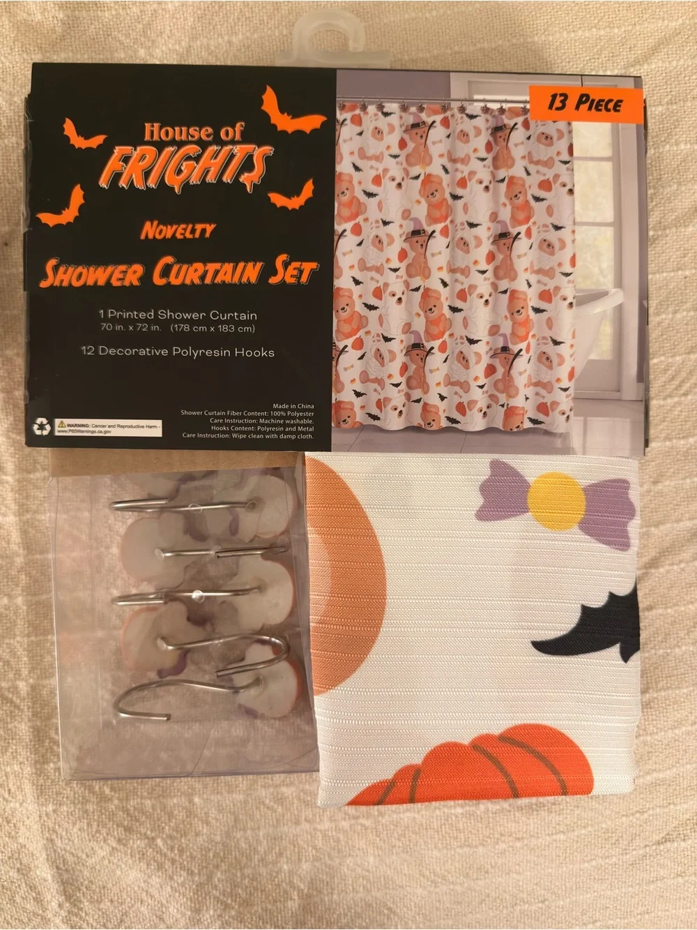 Orange Halloween Novelty Shower Curtain Set with Witch Bear Hooks